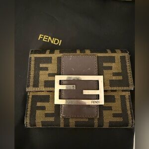 Fendi Tan and Brown Canvas Wallet with Iconic double FF logo in Gold Hardware